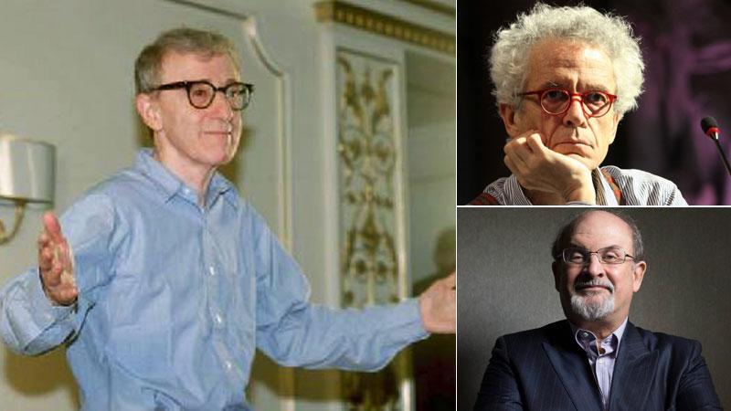 Qui sopra Woody Allen, in libreria con “A proposito di niente” (La nave di Teseo), in basso a destra Salman Rushdie, di cui esce “Quichotte” (Mondadori),sopra il giornalista Federico Rampini di cui esce, con un capitolo aggiornato sulla pandemia, “Oriente e Occidente” (Einaudi)
