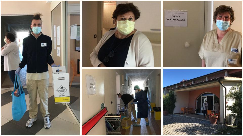 L’oss Santiago Romeo Tata che mostra la scatola che contiene i tamponi appena prelevati, Letizia Rossi, operation manager delle cure intermedie; Maura Petromilli, infermiera, il corridoio del reparto Covid dell’albergo sanitario Il Tombolo