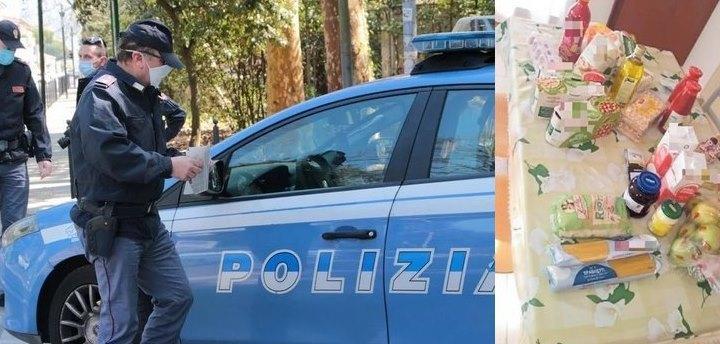 Controlli della polizia. A destra, la spesa che una cittadina ha donato a "Nicola"