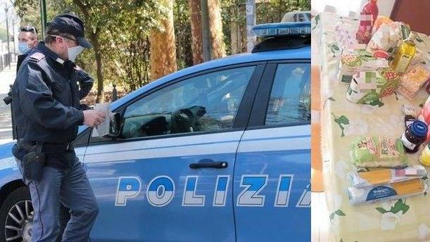 Controlli della polizia. A destra, la spesa che una cittadina ha donato a "Nicola"