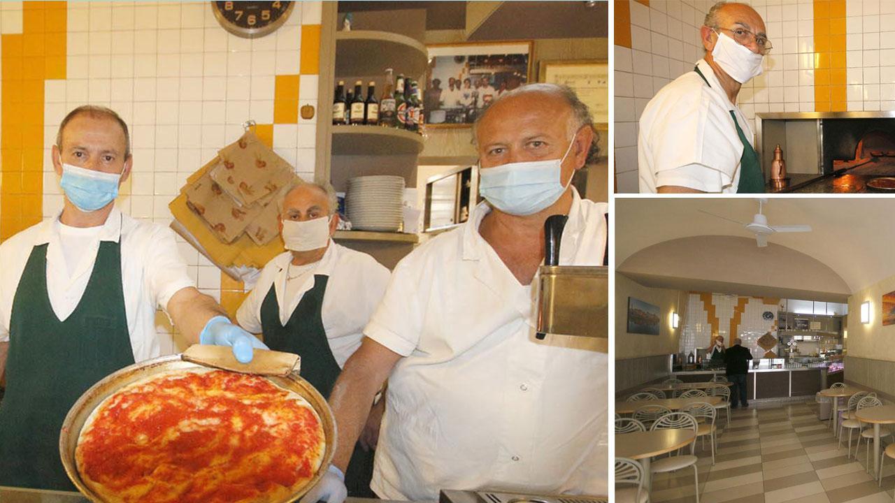 Sopra i fratelli Grella: da sinistra Carmine, Toni, Michele e Mario; a destra e sotto gli spazi della pizzeria in cui saranno allestiti i nuovi tavoli con un 40 per cento di posti in meno (foto Renzullo/Muzzi)