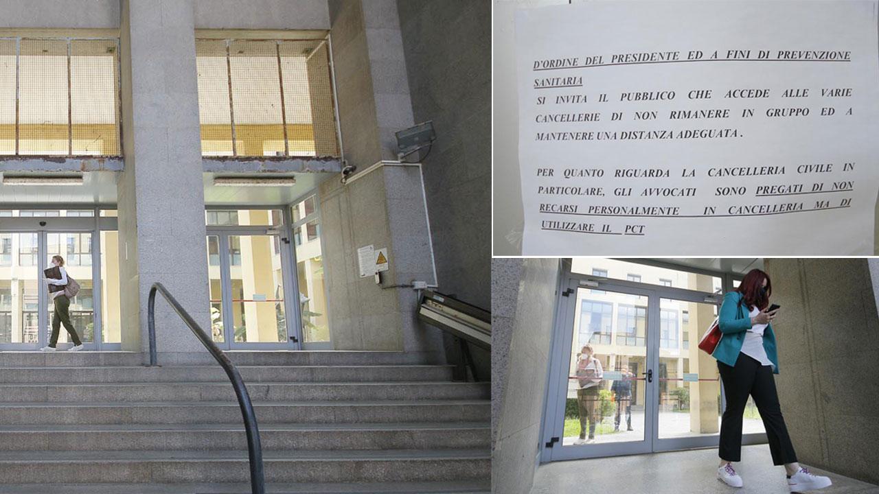 La scalinata di accesso al Palazzo di Giustizia: da martedì a chi entra sarà misurata la temperatura con il termoscanner, l’avviso rivolto a ridurre le presenze in Tribunale e uno degli accessi nelle aule di giustizia