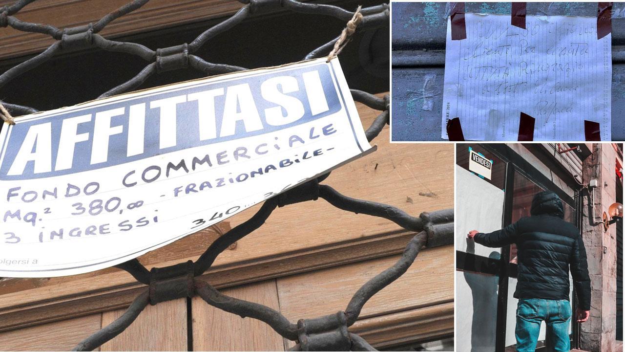 A destra: in alto il saluto del barbiere di Ardenza e un fondo commerciale in vendita (foto Marzi). Foto grande: cartello “affittasi” su un negozio chiuso