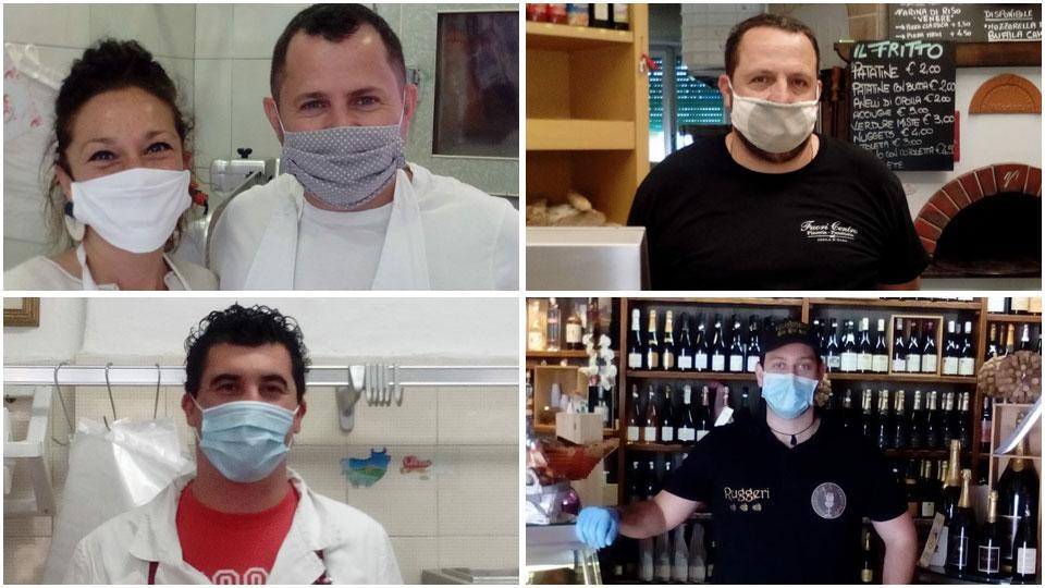 Elisa Zini con il compagno Sava Florin; Cristiano Pieruzzini e Francesco Rossi, Matteo Ruggeri del negozi di salumi e formaggi Ruggeri in piazza Citi