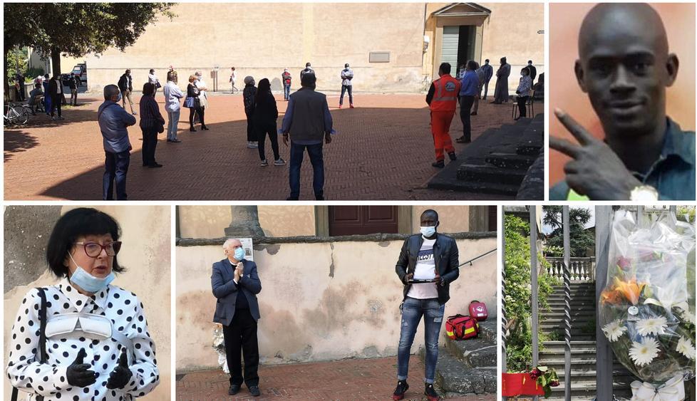 In alto la cerimonia sul Poggio Salamartano e Babacar Sow, qui sopra da sinistra Simonetta Giani, don Cristiani con Cheikh e un mazzo di fiori all’ingresso dell’ex scuola
