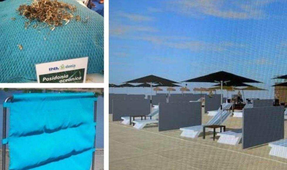 In alto a sinistra la Posidonia oceanica usata per l’imbottitura dei separé (nella foto sotto); a destra una simulazione dell’utilizzo dei separé in spiaggia