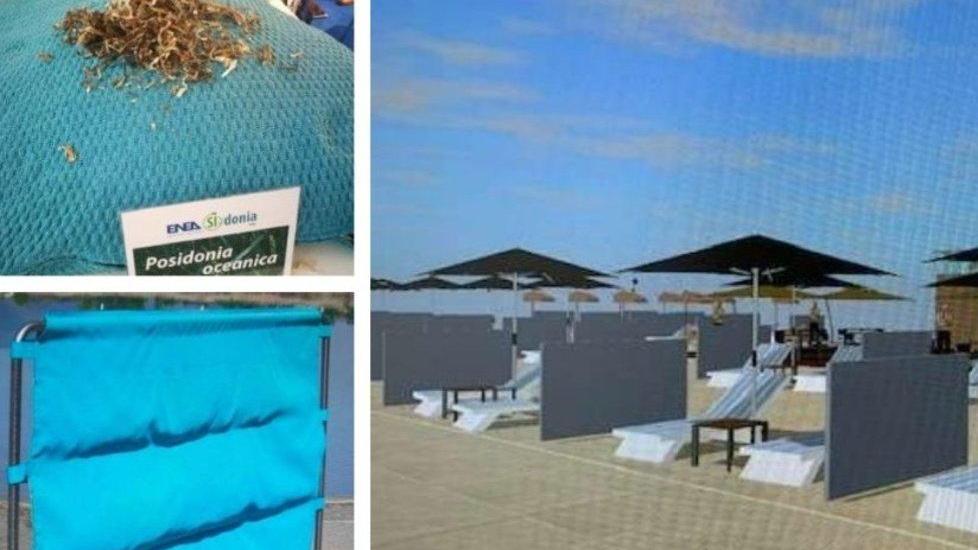In alto a sinistra la Posidonia oceanica usata per l’imbottitura dei separé (nella foto sotto); a destra una simulazione dell’utilizzo dei separé in spiaggia