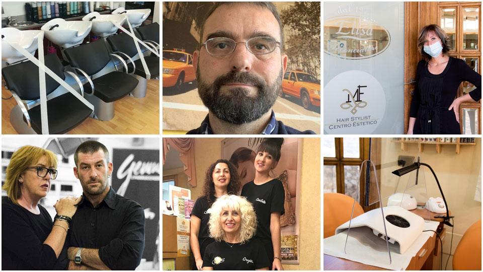 I lavatesta del salone “Gemma Parrucchieri” di Lucca “interdetti” con lo scotch, Stefano Giuntini, titolare del centro estetico “Franca” di Lunata, Francesca Massoni, che da poco ha rilevato il salone della madre Elisa Tambellini, a Colle di Compito, Gemma Ciuti e Luca Viani, in primo piano Graziella Grazzini e una barriera di plexiglass divide la postazione per la manicure