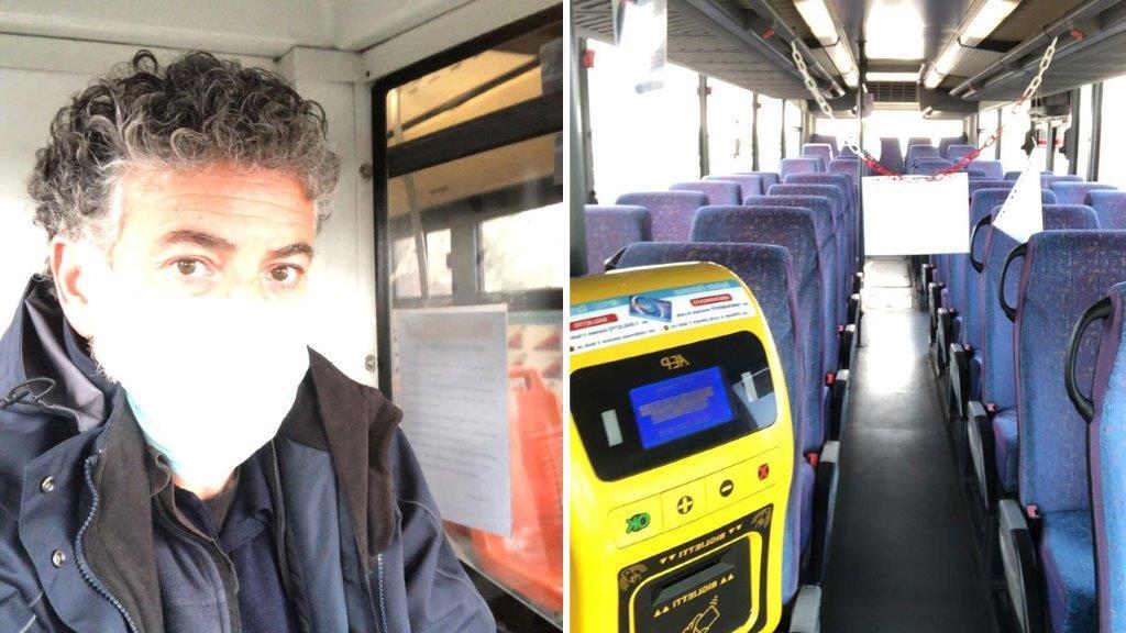 Luca Agostini e un bus deserto con la catenella che regola il distanziamento fra autista e passeggeri