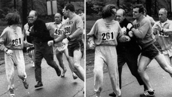 Kathrine Kathy Switzer durante il tentativo del direttore di gara di fermarla nel 1967