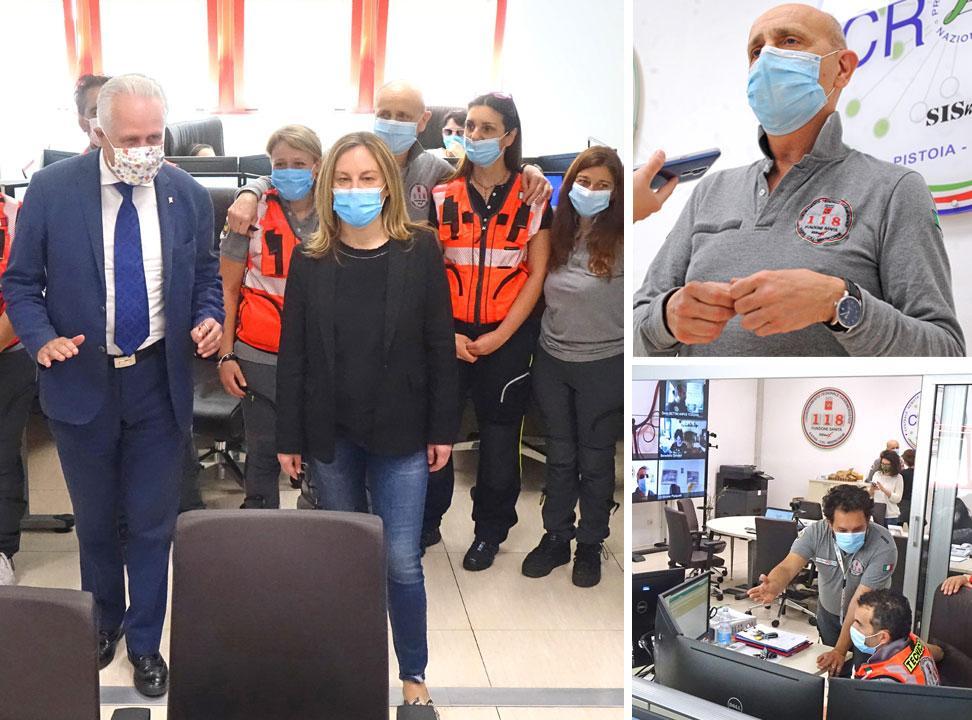 Il presidente del consiglio regionale Giani e l’assessore Fratoni alla Cross; a destra:  il direttore Paolini e gli operatori (Foto Gori)
