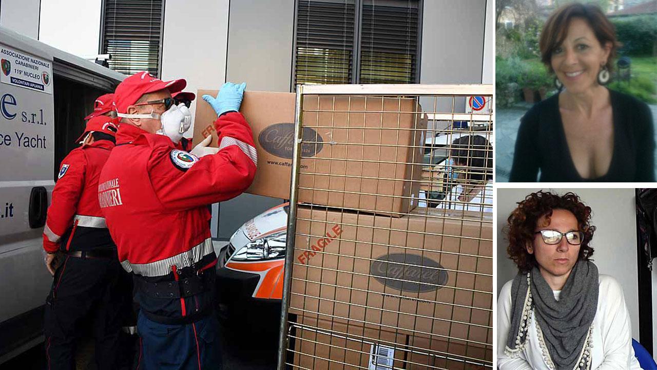 Al lavoro con guanti e mascherine, in alto a destra l’avvocata Marta Marchetti e l’avvocata Michela Poletti