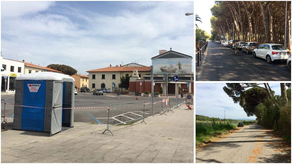 Piazza della chiesa, viale Galliano lungo la pineta di Marina e la strada che costeggia il tombolo sud
