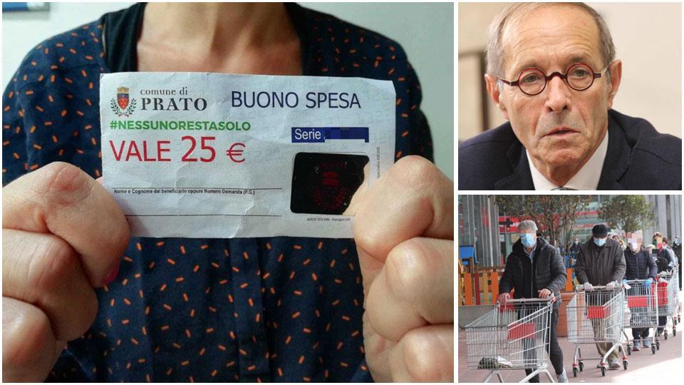 Un buono spesa da 25 euro assegnato a una famiglia, l’assessore al sociale e vicesindaco Luigi Biancalanie e una fila delle scorse settimane alla Coop di Prato