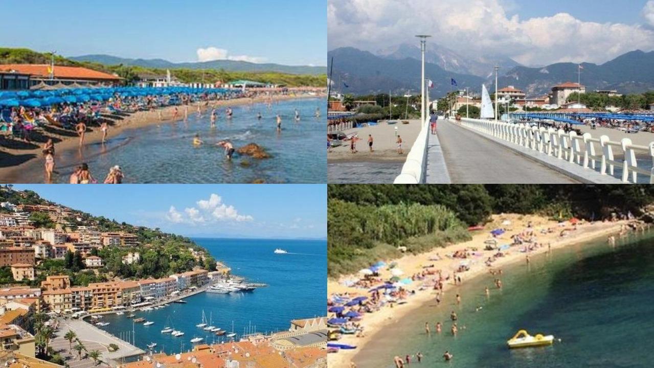 Da sinistra in alto: Castiglion della Pescaia, Forte dei Marmi, Capoliveri e Monte Argentario