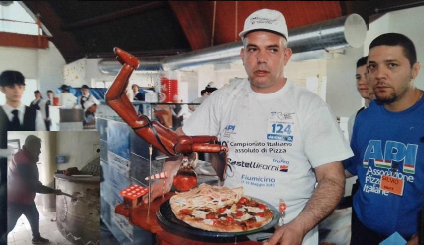 Gian Marco Fenu e, nel riquadro, un frame del filmato in cui distrugge il locale