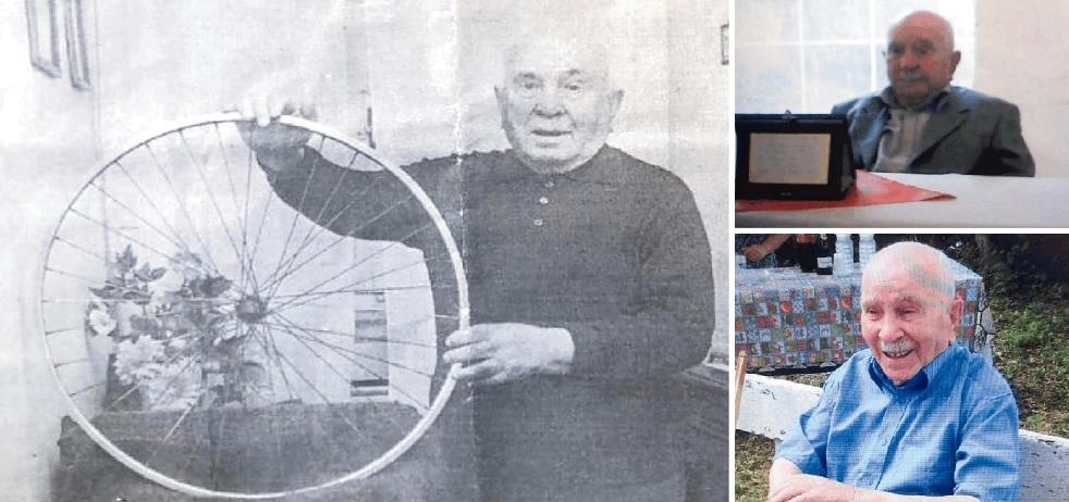 A sinistra Ilio Poggiolini con una ruota di bicicletta. A destra, in alto, durante la festa che fu organizzata nel 2014 per i suoi 100 anni. In basso una foto più recente del nonno di Rosignano Marittimo