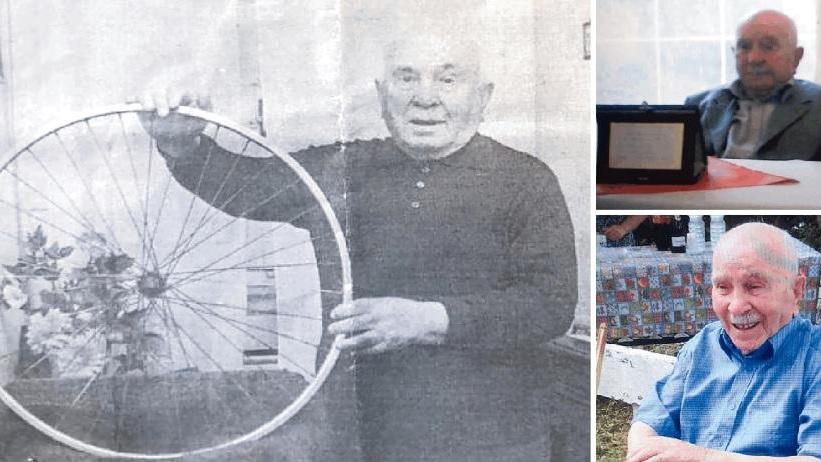 A sinistra Ilio Poggiolini con una ruota di bicicletta. A destra, in alto, durante la festa che fu organizzata nel 2014 per i suoi 100 anni. In basso una foto più recente del nonno di Rosignano Marittimo