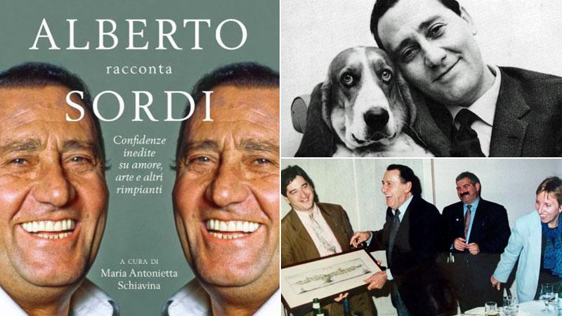 La copertina del libro, una foto a cui Sordi teneva da amante degli animali e, in basso, a Piombino con l’autrice e l’ex sindaco Guerrieri