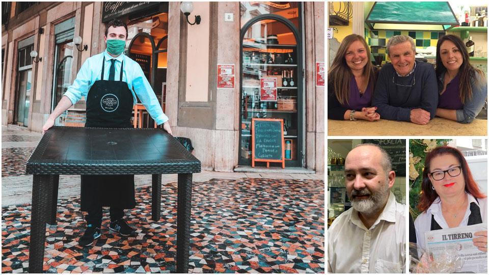 Il bar Il Duomo e una “prova tavoli” sotto i loggiati di via Cairoli, Vincenzo Pernice con le figlie (da sinistra) Rossana e Annarita, Alessandro Leoni e Alessandra Faccin
