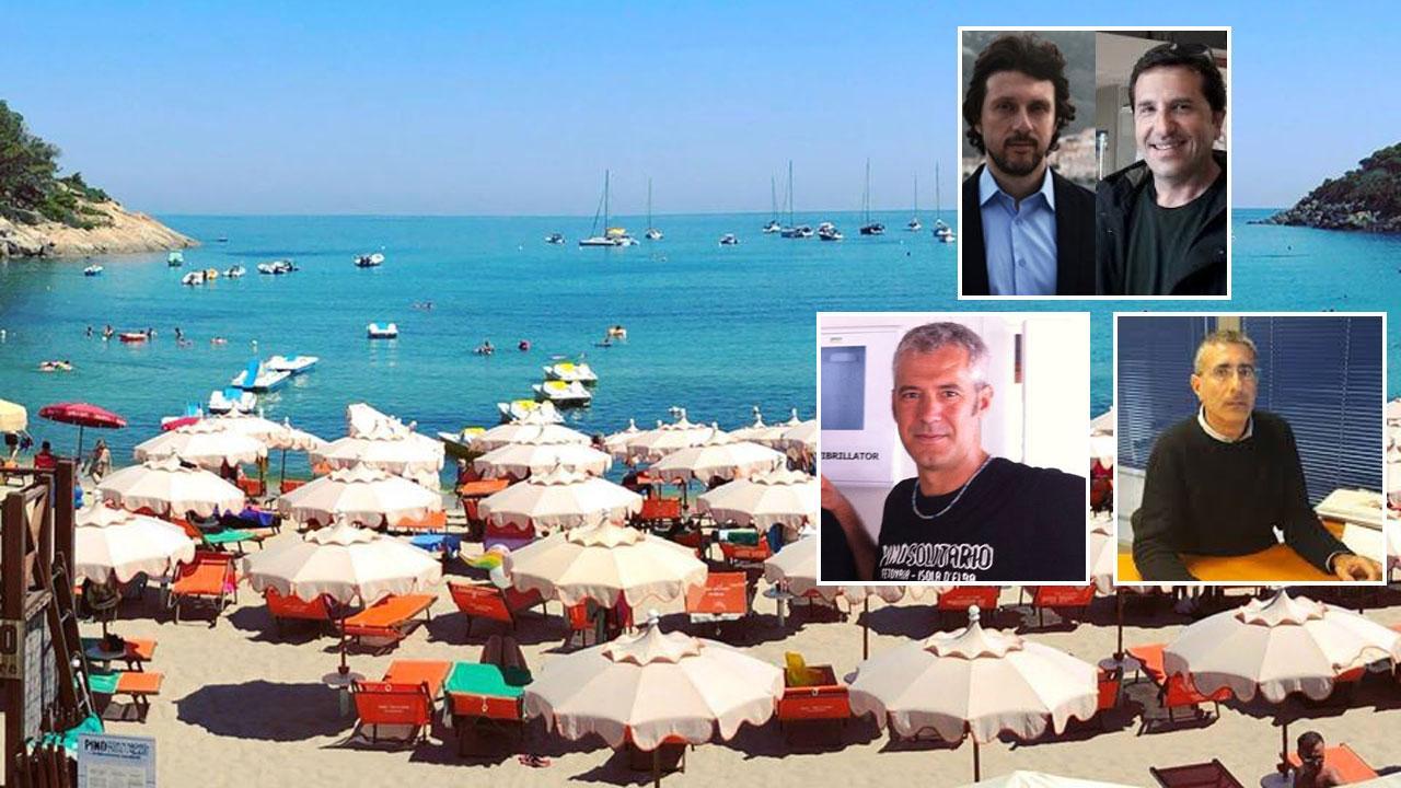 Lo stabilimento Pino Solitario a Fetovaia in una foto del luglio 2019. Poi, da sinistra, i sindaci di Marciana e Campo Simone Barbi, Davide Montauti. Sotto Michele Teggi e Franco De Simone.