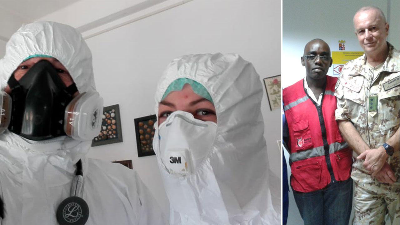 Il dottor Enrico Vannucci e una collega in tenuta operativa Usca, le Unità speciali di continuità assistenziale. Nella foto a fianco, Vannucci a destra in divisa da ufficiale medico
