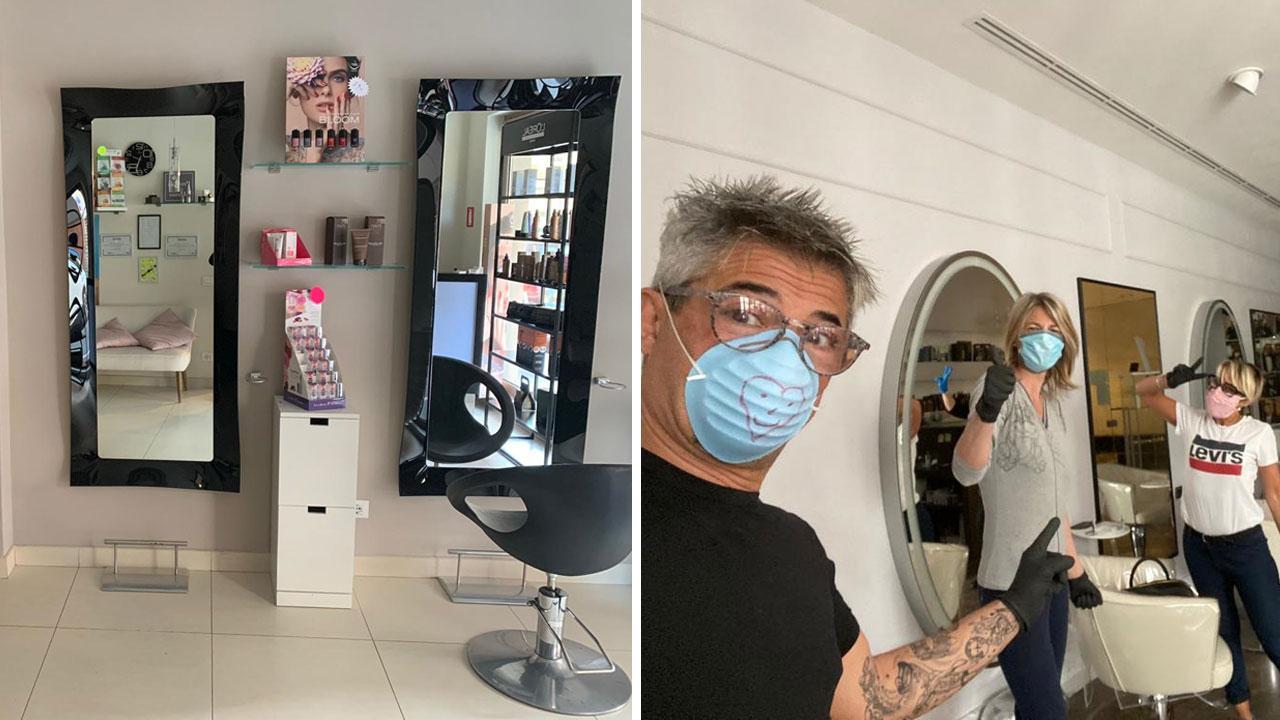 Il negozio Mides di Cristina Gori dopo la sanificazione pronto per la riapertura; nella foto a destra lo staff di Alex Hair look alle prese con le grandi pulizie