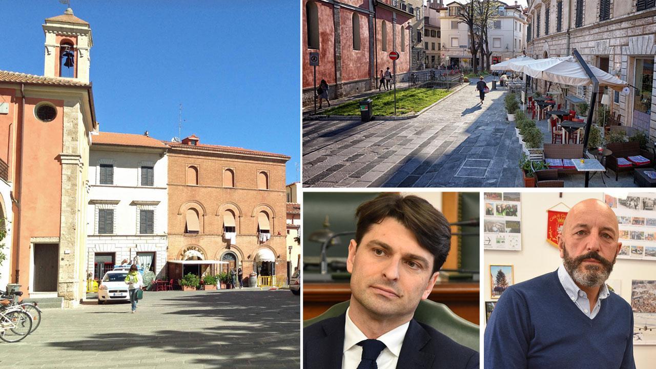 Due immagini di piazza della Palma senza auto. A sinistra l’assessore Giacomo Cerboni, a destra l’assessore Fausto Turbanti (FOTO BF)