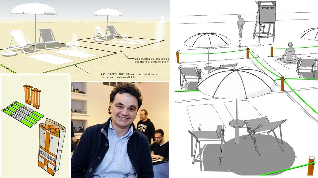 A sinistra il progetto di modulo per spiaggia libera, ovvero un sistema di nastri e picchetti che delimitano un’area di 25 metri quadrati. A destra la versione per stabilimenti balneari, con paletti e corde. In basso a sinistra l’architetto Stefano Sagina di Ecista ed a sinistra il modello del kit