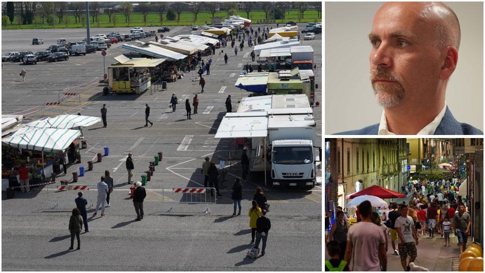 Il mercato settimanale in versione ridotta, il centro di Pontedera durante un evento e Alessandro Puccinelli