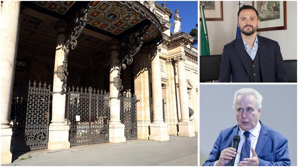 Lo stabilimento termale Tettuccio, il sindaco di Montecatini, Luca Baroncini, e il candidato alla presidenza della Regione per il Pd, Eugenio Giani