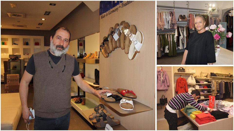 Sergio Scarpelli all’interno del suo negozio di calzature in via Guasti, Gina Cieri si prepara a riaprire il suo negozio in via del Pesce per il quale si è dotata anche di una vaporiera per sanificare gli abiti in prova,  l’interno del negozio di Benetton in piazza del Comune