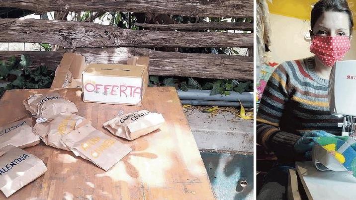 A sinistra il tavolo su cui Maria Concetta lascia i pacchetti con le mascherine da ritirare. A destra una fot di Maria Concetta Achille