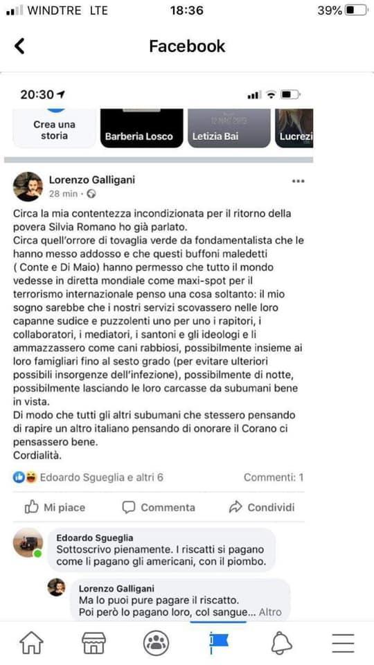 Silvia Romano, la senatrice Bini contro il capogruppo di Fratelli d'Italia per un post 