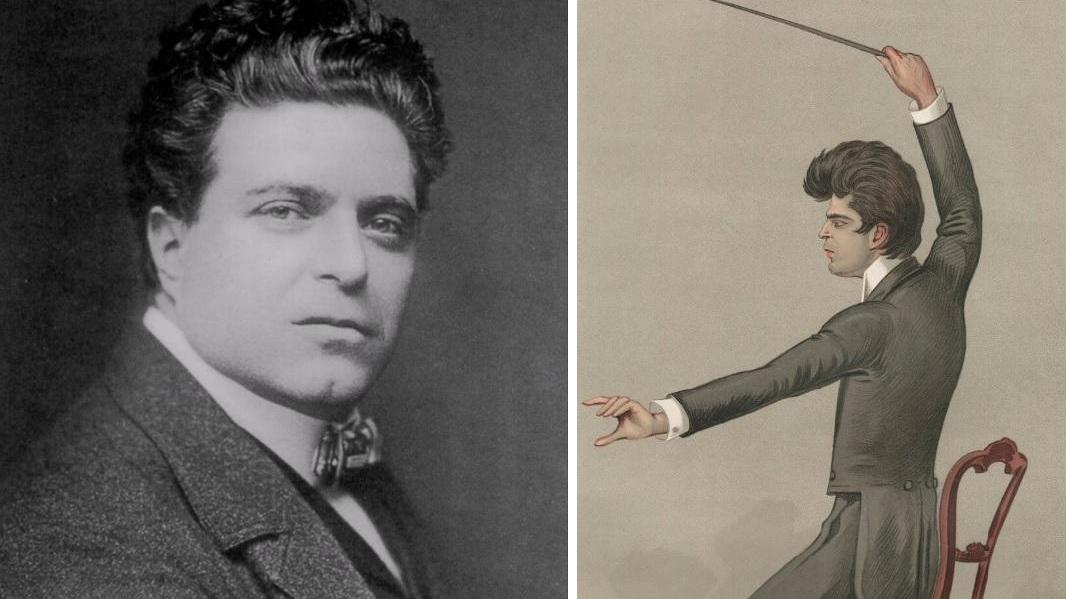 Mascagni in una celebre foto e in un disegno su Vanity Fair