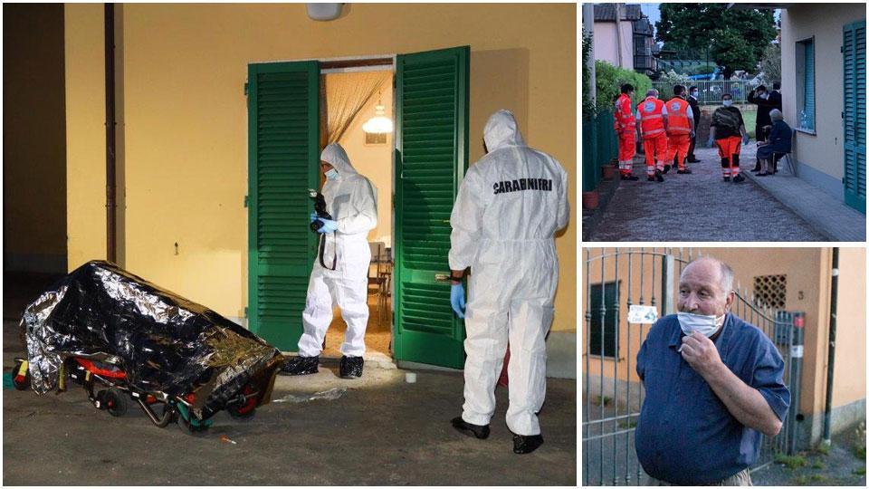 La salma di Giuliano Zari davanti alla porta di casa, i volontari della Croce Oro e il vicino Maurizio Biagini