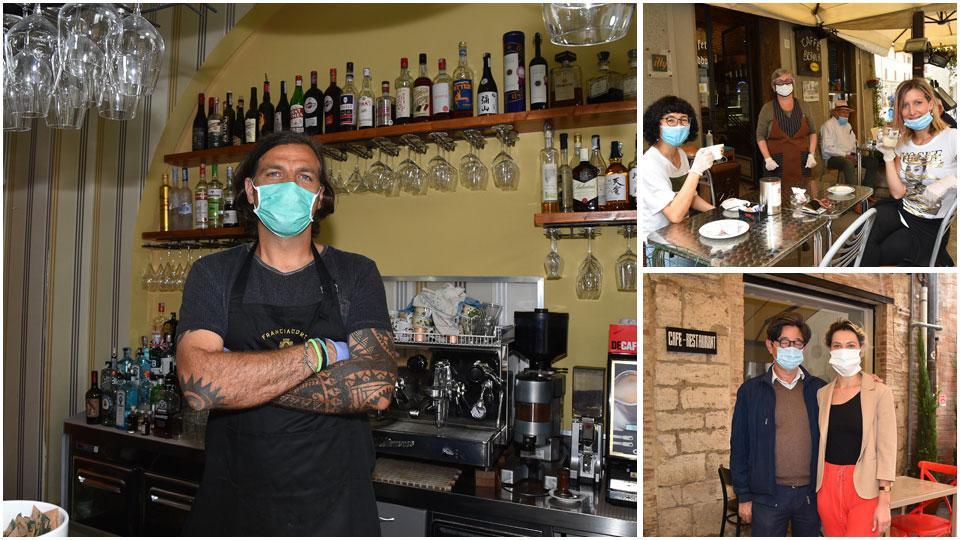 Sirio Polidori dentro al Ritual in piazza de Maria, Marusca Monini con le prime clienti nel bar bistro Aldobrandeschi che da ieri mattina ha riaperto aumentando i tavoli, Elena e Ottorino Mauri davanti al ristorante Cucina tascabile