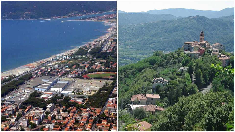 Una veduta aerea del confine tra Toscana e Liguria da Marina di Carrara e un’immagine di Montedivalli, enclave del comune lunigianese di Podenzana in territorio ligure (da amalaspezia.eu)