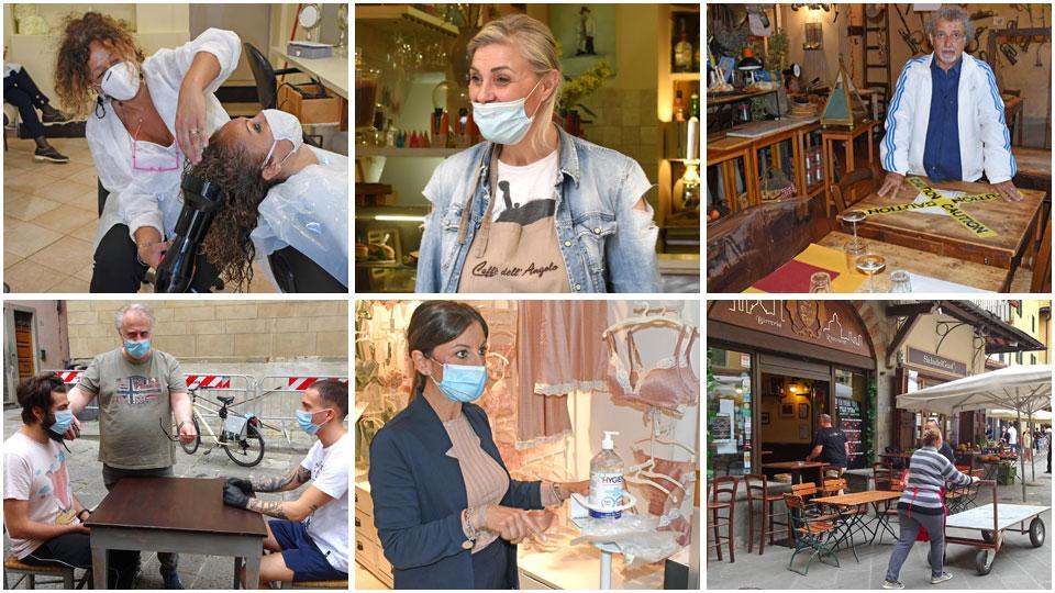 1) Alessandra Radice, titolare del negozio Coiffeur Alessandra, alle prese con la chioma di una cliente. 2) Diana Rafanelli del bar caffè Angolo; 3) Checco Bugiani all’interno del suo ristorante in via Stracceria, mostra i tavoli “proibiti “ ai clienti, per mantenere le distanze di sicurezza all’interno del locale. 4) Carlo Malentacchi della BotteGaia, alle prese con il metro per controllare la distanza tra due clienti seduti al tavolo: il suo locale riaprirà venerdì. 5) Anna Mariani del negozio Intimissimi, mostra il dispenser di gel disinfettante e i guanti a disposizione dei clienti quando entrano nel negozio. 6) Si sistemano i tavoli esterni alla”Degna Tana” di piazza della Sala.
(fotoservizio Lorenzo Gori)