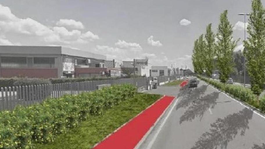 Una simulazione grafica di una strada di Ospedaletto con il marciapiede colorato di rosso