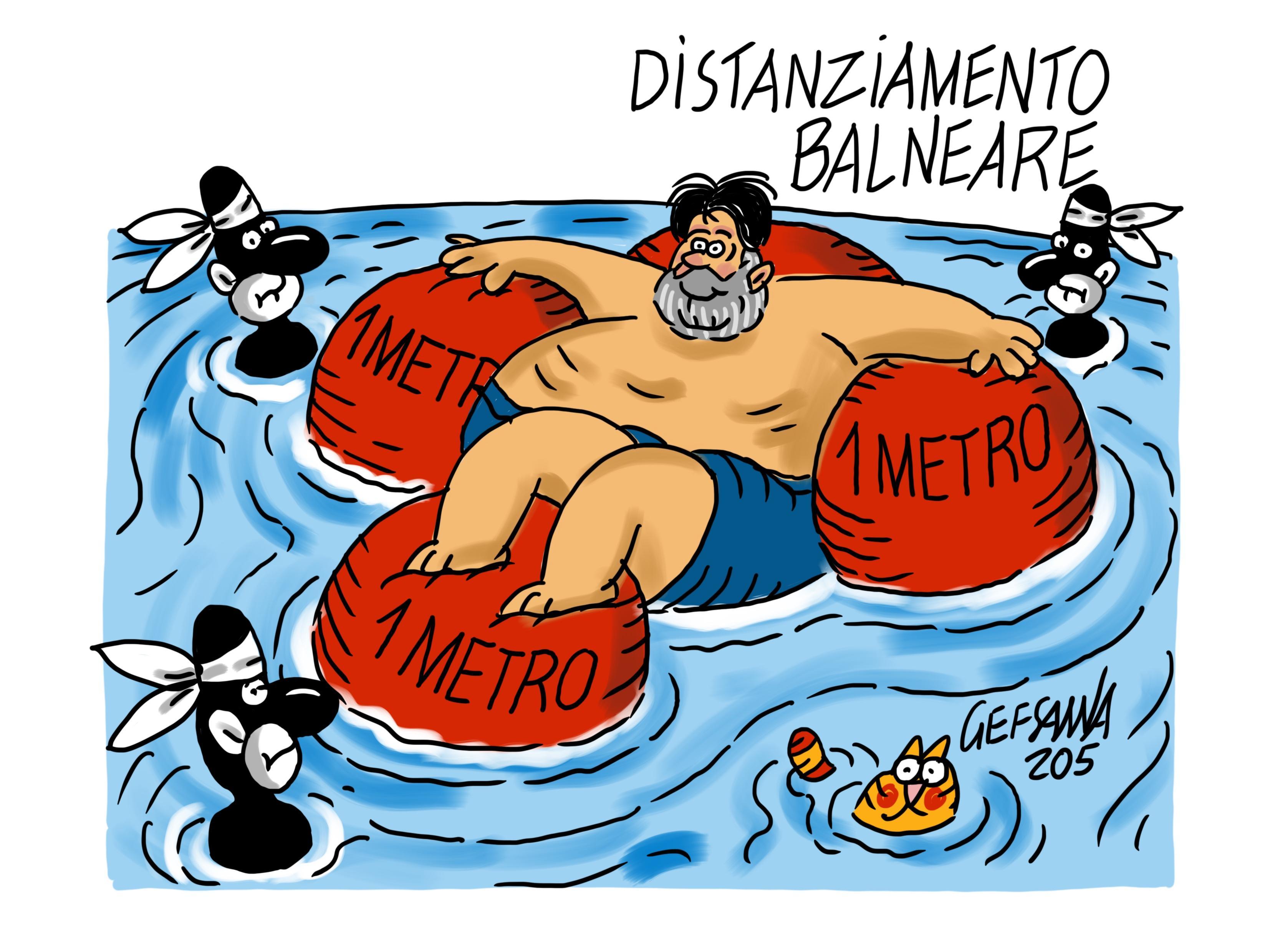 La vignetta di Gef: il bagno in mare si può fare, ma tenendo le distanze