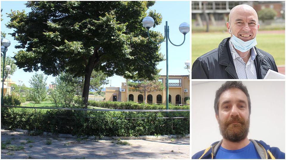 Uno scorcio dell’ex ippodromo Caprilli, abbandonato da anni, il sindaco Luca Salvetti, e Leonardo Bertini, titolare della palestra Numero Uno, tra i fondatori del “movimento” degli imprenditori sportivi livornesi