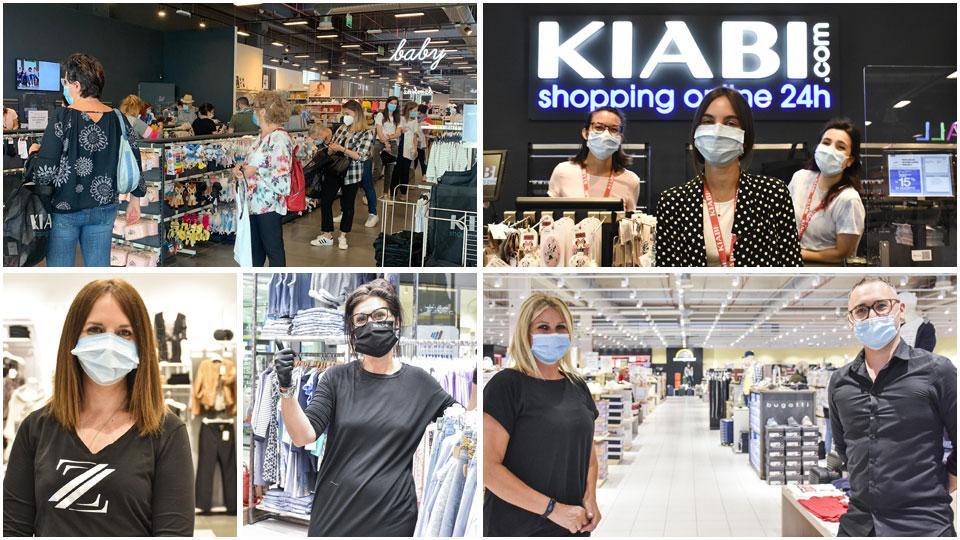 La fila di clienti ieri mattina all’interno del negozio Kiabi, al centro commerciale Parco Levante, Arianna Zanobini, responsabile del punto vendita, insieme alle commesse, Ornella Grillo di Piazza Italia, Valeria Silvestri del negozio di abbigliamento Bruba, Lisa Storti e Mario Giamattei, del punto vendita Scarpe e Scarpe
