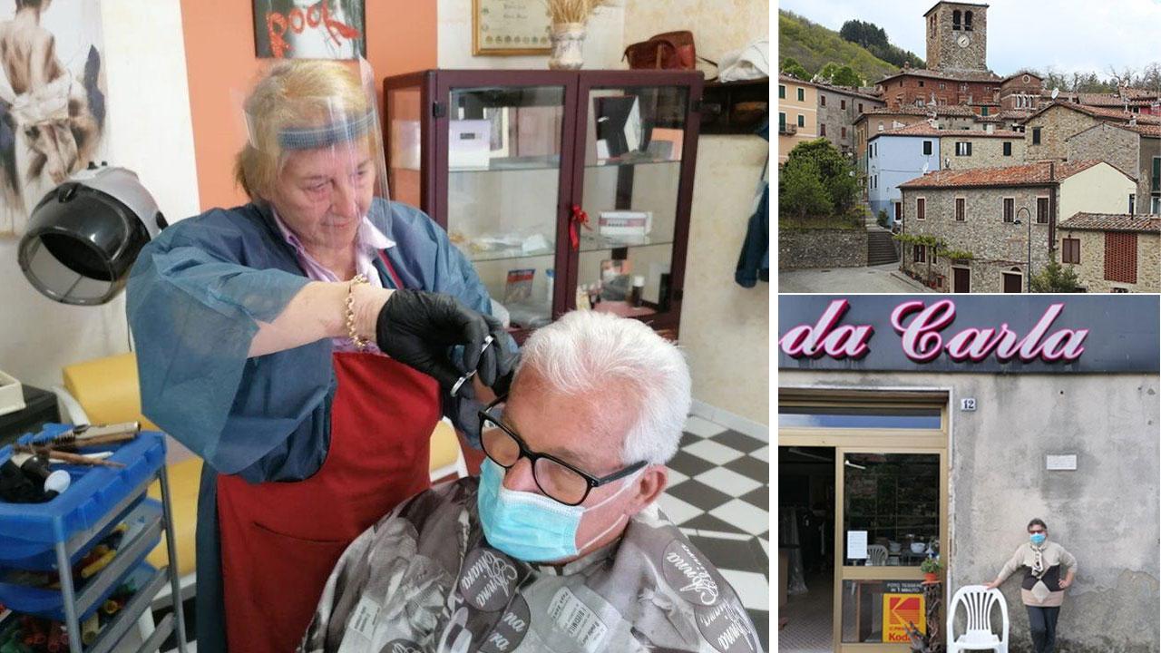 Sopra Marise Maurelli nel suo salone mentre taglia i capelli a un abitante di Montieri: la donna, che ha 79 anni, da 54 porta avanti la sua attività di parrucchiera nel borgo. Per riaprire si è dotata di tutti i dispositivi individuali per la sicurezza. In alto una veduta del paese e sotto Carla Danti, 80 anni, davanti al bazar che porta il suo nome e che è stato aperto da sua madre, prima di diventare suo, nel 1971