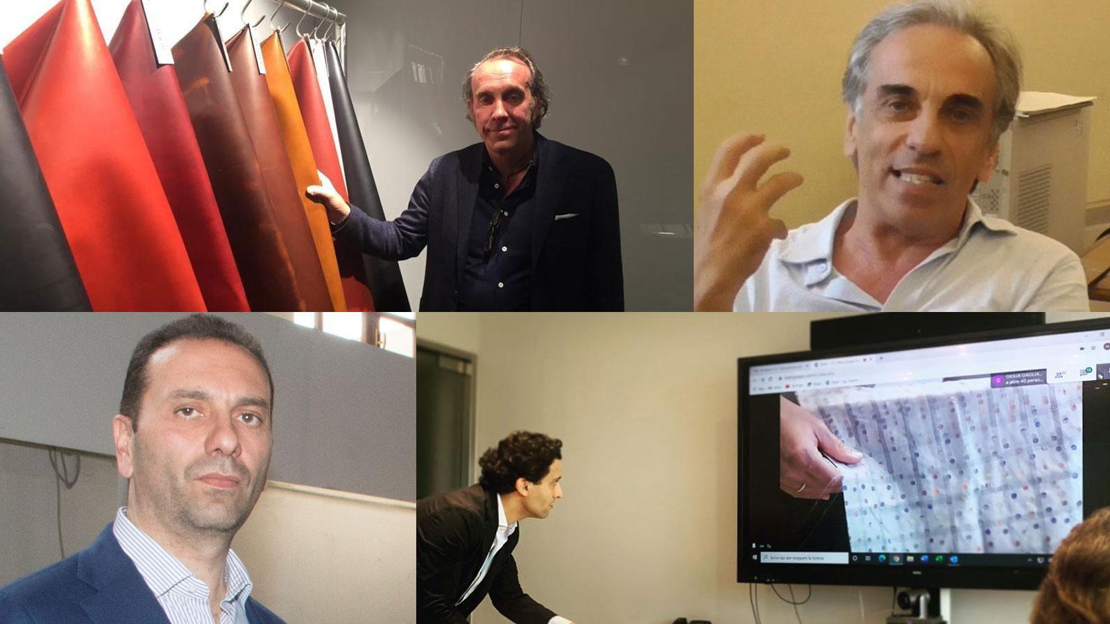 Masoni mostra una collezione, il direttore Irpet Casini Benvenuti, il pellettiere e presidente di Confindustria moda Firenze Rulli e l'imprenditore tessile vice presidente di Confindustria Toscana Nord Marini durante una lezione a distanza allo Ied di Roma
