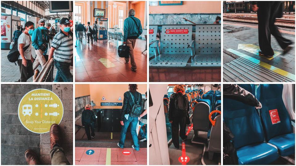 La stazione di Livorno è stata allestita per reggere alla fase 2 e permettere il distanziamento sociale con la ripartenza dei flussi di viaggiatori, ci sono dei percorsi da seguire, indicati con segnaletica in terra di colore verde, per entrare e uscire