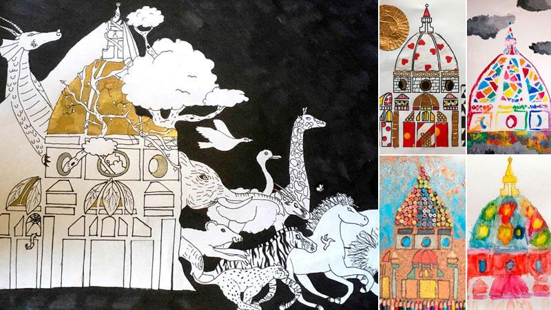 A sinistra, il disegno che ha vinto il concorso. Nelle altre immagini, alcune delle opere premiate o segnalate con una menzione