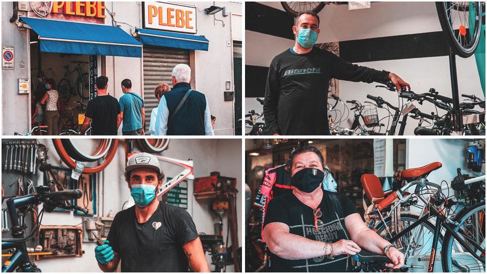 La lunga coda all’esterno di Plebe Cicli, storico punto di riferimento per gli amanti della pedalata, il titolare Leandro Plebe, Antonio Maressa, titolare di Ardenza Bike, Stefania Piram, del negozio Passuello (foto Marzi)