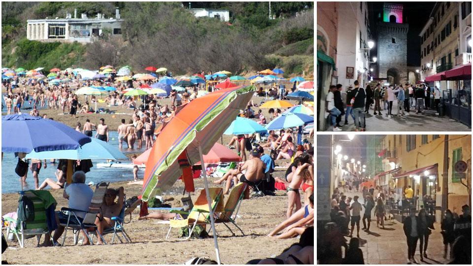 La spiaggia di Baratti ieri presa d’assalto da residenti e turisti, un’immagine simile a quelle dell’estate piena; in alto a destra gruppi di ragazzi sabato sera in corso Vittorio Emanuele II di fronte ai locali; sotto altri
gruppi di giovani nella discesa che dal centro storico porta in piazza Bovio