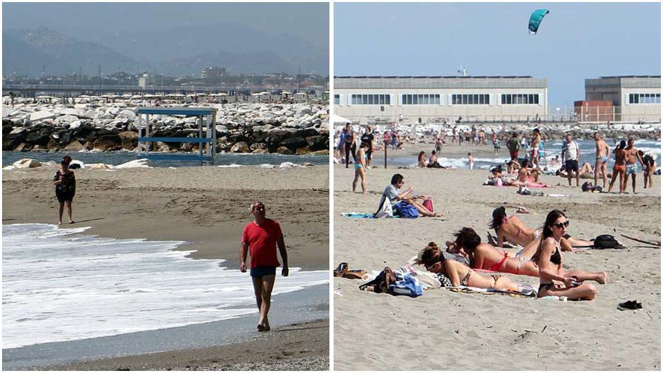 Una veduta della spiaggi a di Poveromo e a destra un tratto dell’arenile di Marina di Carrara riempito dai primi bagnanti